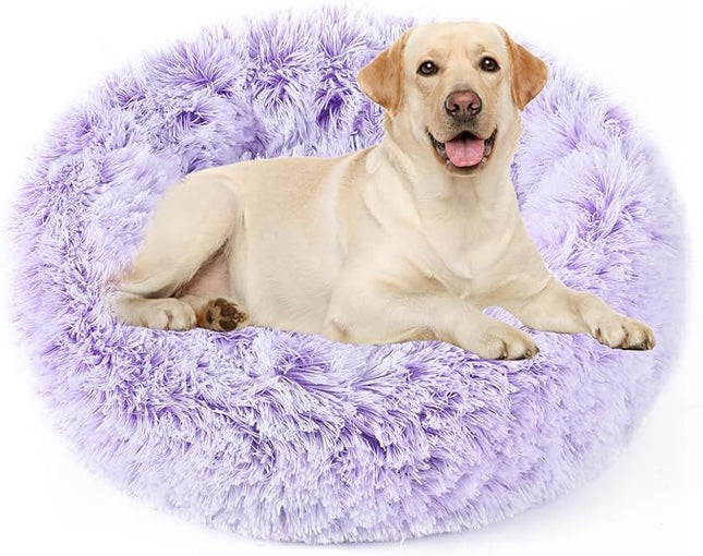 NOYAL Calming Donut Dog Bed for Small to Medium Dogs & Cats - Plush Faux Fur Anti-Anxiety Pet Bed with Machine Washable Cover & Non-Slip Base