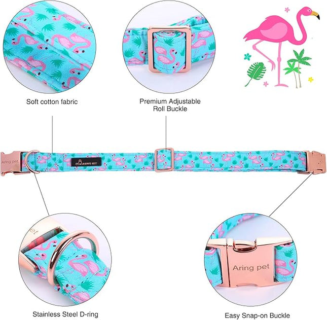ARING PET Flamingo Dog Collar-Cotton Dog Collar with Bow, Adjustable Summer Bowtie Dog Collars Pet Collars with Metal Buckle