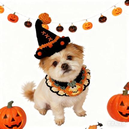 Halloween Dog Costume – Handmade Black Witch Hat & Cute Pumpkin Bandana, Adjustable Cat Outfit for Cats & Small Dogs, Lightweight & Breathable, Festive Pet Accessories