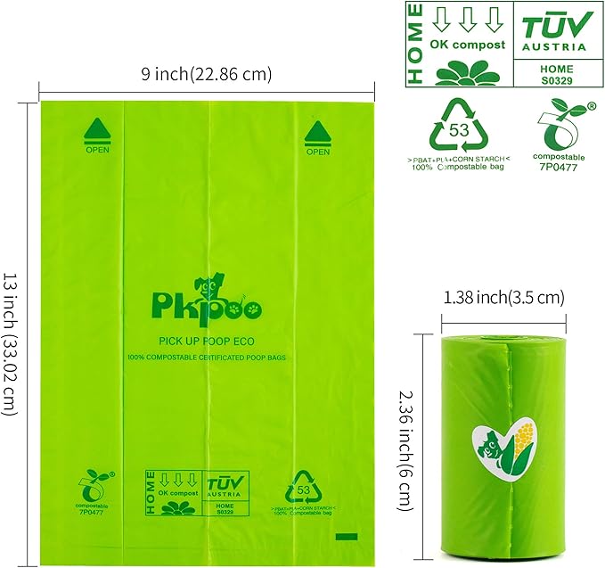 Pkpoo 100% Compostable Dog Poop Bags, Extra Wide, Vegetable-Based Large Poop Bags for Dogs, Biodegradable Waste Bags for Poo, Cat Litter, Diaper Sacks, Unscented, 240 Counts