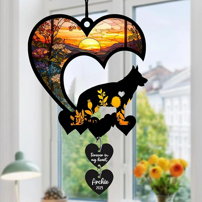 LOVELYPOD Personalized Dog Memorial Suncatcher, Custom Pet Memorial Gifts for Loss of Dog, SunCatcher Gift for Someone Who Lost a Pet, Dogs Remembrance Stained Glass, Hanging Garden Decor with Heart