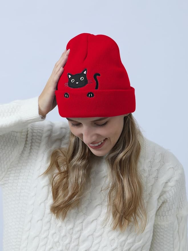 Women’s Cat Beanie Cute Cat Lover Gifts Animal Knitted Hats Christmas Stocking Stuffers for Women Girls