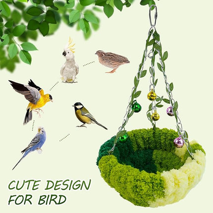 Bird Nest with Bell for Cage,Plush Hanging Bird Bed for Parakeet Indoor & Outdoor,Breeding Bird House for Conure,Budgie,Cockatiel,Lovebird,Canary,Finch,Hamster,Small Pets,Warm Nest,Green S