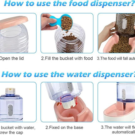 Automatic Dog Cat Feeder and Water Dispenser Gravity Food Feeder and Waterer Set with Pet Food Bowl for Small Medium Dog Puppy Kitten, Large Capacity 1 Gallon x 2(Pink)