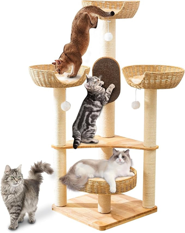 Large Cat Tree Wood - Modern Multi-Cat Tower with Scratching Posts & Handwoven Condo | Sturdy Cat Furniture for Indoor Cats, Modern Cat House Supplies