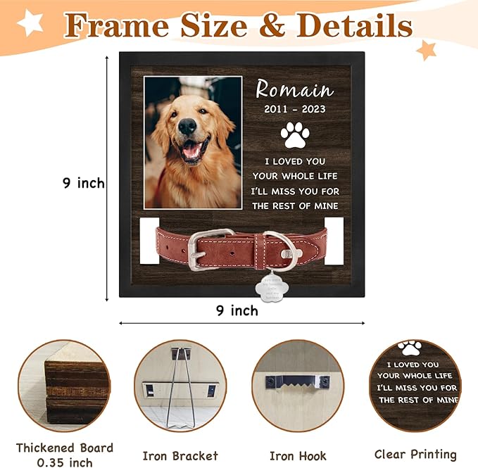 Personalized Pet Picture Frame Memorial Gifts for Loss of Dog- Fits 3 Collar Lengths, in Memory of Dog Passing Away Sympathy Gifts, Cat Memorial