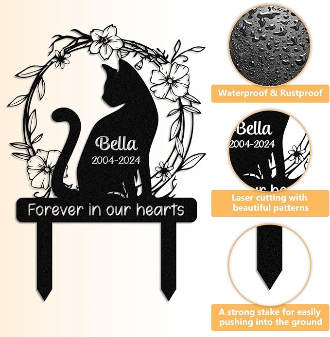 Personalized Pet Graves Marker Cat, Metal Memorial Plaques for Outdoor Graveyard Garden Yard, Custom Waterproof Pet Headstone with Name & Date, Cat Memorial Gifts for Loss of Cat Color01