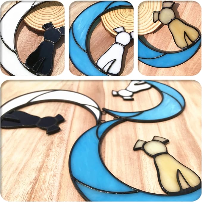 Stained Glass Dog Memorial Gifts for Dog Lovers, Yellow Dog Decor on Blue Moon Window Hanging Suncatcher, Loss of Dog Sympathy Gift, Pet Loss Remembrance Gift in Memory of Dog