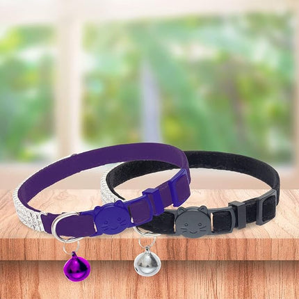 EXPAWLORER Soft Velvet Safe Cat Collars for Girl Cats -2 Pack Rhinestones Bling Diamante Adjustable Collars Breakaway- Chirstmas Cat Clollar Gifts with Bells for Boy Cats Kitty and Small Dogs