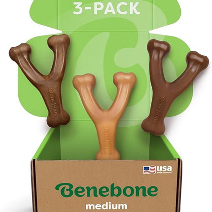 Benebone Medium 3-Pack, Wishbone Durable Dog Chew Toy for Aggressive Chewers, Real Bacon, Chicken, Peanut Butter, Made in USA, Variety Pack