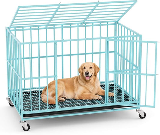 48 in Blue Heavy Duty Dog Crate Steel Escape Proof, Indoor Double Doors and Lockable Wheels,Removable Tray, for Extra Dog Breeds,XL,XXL