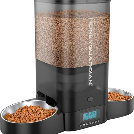 HoneyGuaridan 5L Automatic Cat Feeder for Two Cats, Cat Food Dispenser with Stainless Steel Bowl,Timed Feeder Programmable 1-6 Meals Control, Dual Power Supply,Desiccant Bag Black