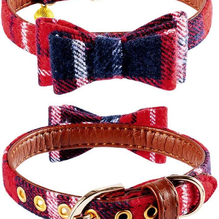 EXPAWLORER Dog Collar and Leash Set - Classic Plaid Dog Bow Tie and Dog Bandana Collar with Bell, Dog Leash Tangle Free, Adjustable Collars for Small Medium Large Dogs Cats, Holiday Ideal Gift