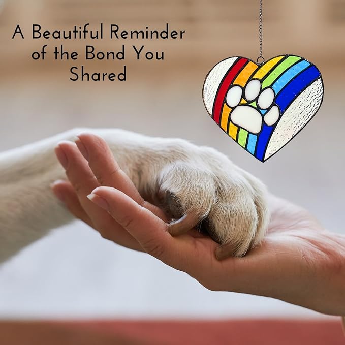LASTINGTAILS Stained Glass Rainbow Bridge Dog Memorial Gifts for Loss of Dog, Heart Paw Print Suncatcher Loss of Dog Sympathy Gift, Dog Passing Away Gifts, Pet Remembrance for pet Lovers
