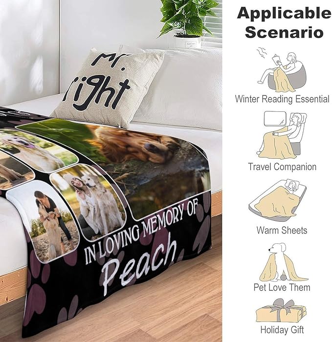 Custom Dog Memorial Gifts for Loss of Dog Cat, Personalized Dog Blankets with Photos, Pet Memorial Throw Blanket Gifts, Pet Loss Gifts, in Loving Memory Blanket for Dog Cat Lovers Dog Mom Dog Dad