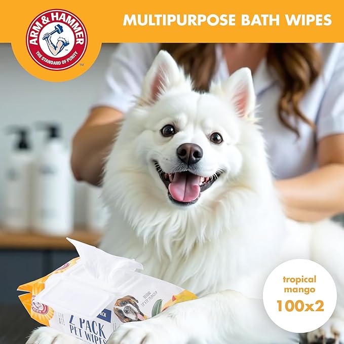 Arm & Hammer for Pets Heavy Duty Multipurpose Bath Wipes for Dogs | All Purpose Dog Wipes Remove Odor & Refresh Skin for Pets | Fruity Mango Scent, Two (2) 100 Count Packs of Pet Wipes