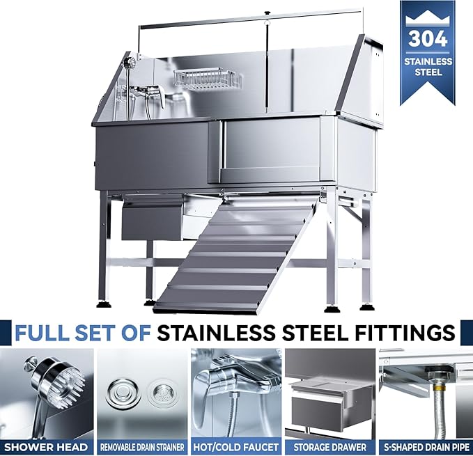 Dog Washing Station,Professional 46" Stainless Steel Dog Bathing Station Height Adjustable Dog Wash Station for Home Dog Grooming Tub Ramp, Drawer, Floor Grate & Fauct (R Ramp)