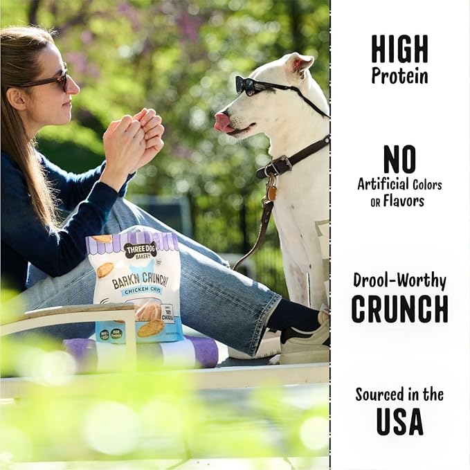 Three Dog Bakery Bark’N Crunch! Chicken Chips, Large 15oz, Crunchy Dog Treats, Single Ingredient, High Protein Snacks, Chicken Treats, Low Calorie Healthy Training Treat, Made in The USA