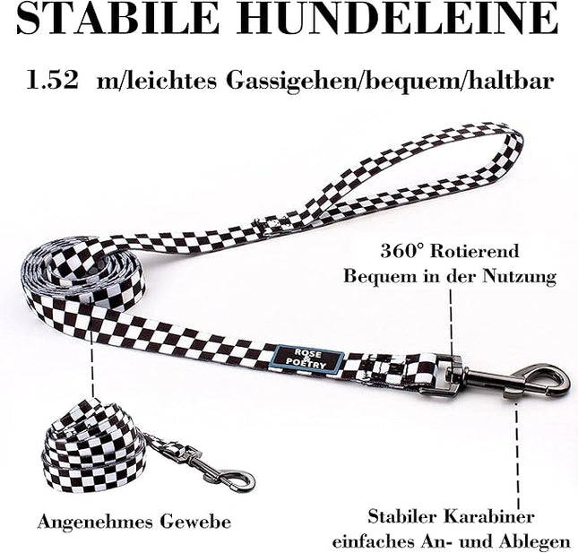 Roses&Poetry Dog Collar and Leash for Medium Large, Adjustable Durable 5ft Puppy Leash Collar for Dog Training Lead（Black & White-L）