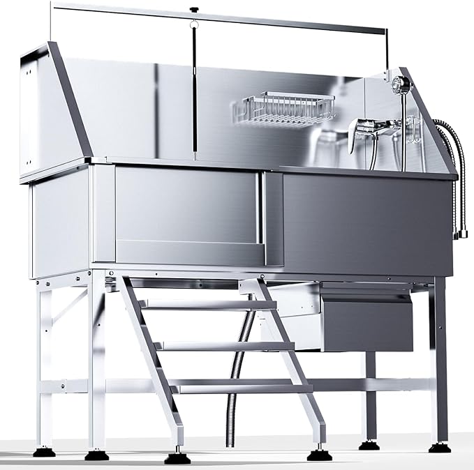 46" Dog Washing Station for Home,Stainless Steel Professional Dog Bathing Station Height Adjustable D og Grooming Tub Ramp, Drawer, Floor Grate & Fauct (L Stair)