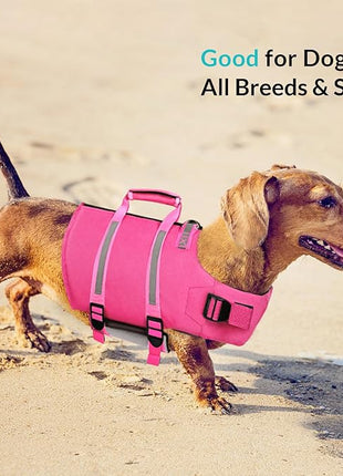 Queenmore XS Dog Life Jacket,Dog Life Vest for Swimming,Dog Floating Vest for Boating,Pet Puppy Lightweight Adjustable Reflective Lifesaver Vest with Back Zip,Rescue Handle,Leash Hook(Fuchsia XS)