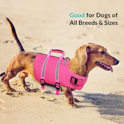 Queenmore Large Dog Life Jacket, Floating Vest for Swimming and Boating, Lightweight Adjustable Reflective Lifesaver With Back Zip, Rescue Handle, Leash Hook (Fuchsia L)
