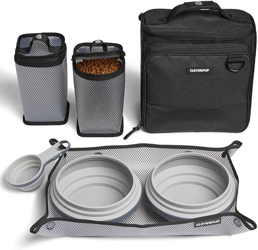 Large 7-Piece Bistro Box Dog Food Travel Kit, 12-Cup Kibble Storage, 2 Silicone Bowls, Mat & Scoop - Premium Portable Pet Food Kit for Weekends, Overnights, Daycare & Camping, Graphite