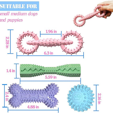 4 Pack Puppy Toys for 2-8 Months Pets Dog Chew Toy for Small Puppies Teething Toys for Cleaning Teeth Food Dispensing Soft Durable Rubber Bone Funny Ball Interactive Donut Treat Dumbbell (Mix Color)