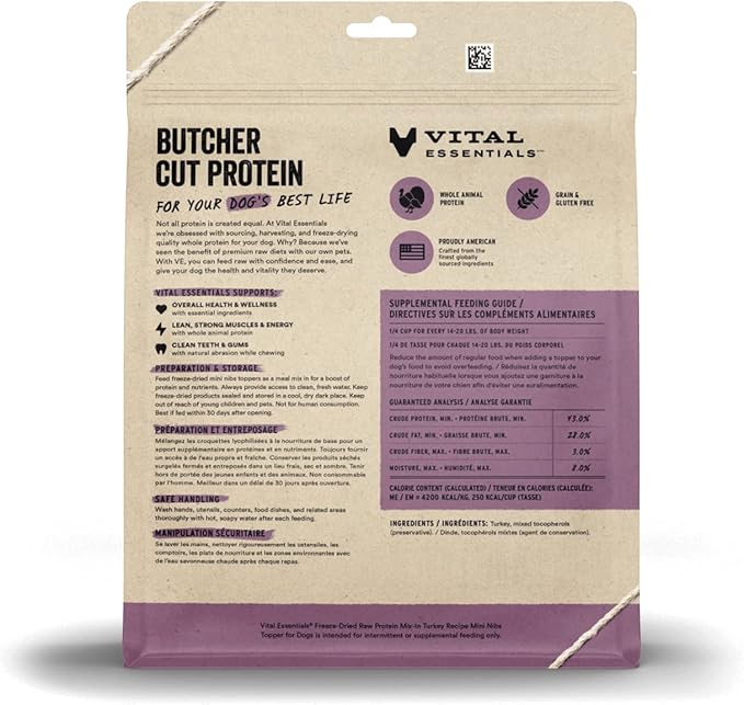 Vital Essentials Freeze Dried Raw Protein Mix-in Dog Food Topper, Turkey Mini Nibs Topper for Dogs, 18 oz