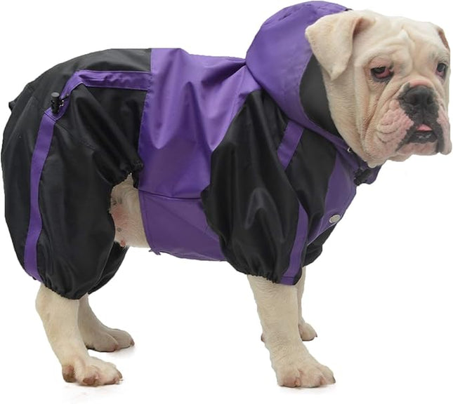 Lovelonglong American Bully Pitbull Dog Hooded Raincoat, Bulldog Rain Jacket Poncho Waterproof Clothes with Hood Breathable 4 Feet Four Legs Rain Coats for Pugs English French Bulldog Purple B-M