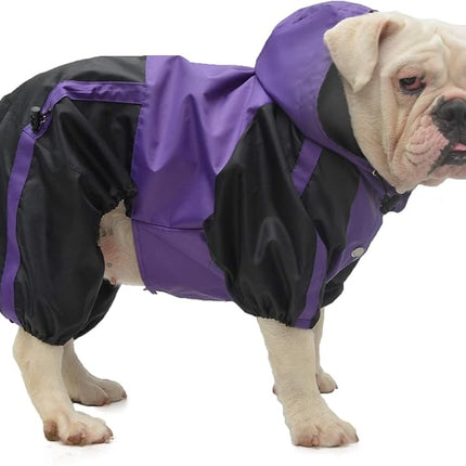 Lovelonglong American Bully Pitbull Dog Hooded Raincoat, Bulldog Rain Jacket Poncho Waterproof Clothes with Hood Breathable 4 Feet Four Legs Rain Coats for Pugs English French Bulldog Purple B-L
