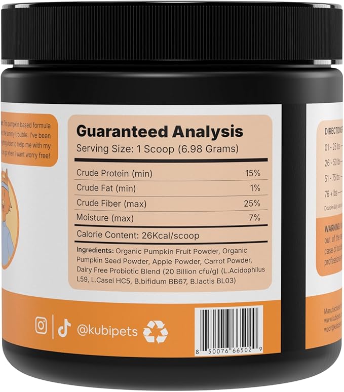 Pumpkin Gut Support for Dogs – Digestive Health Supplement with Natural Fiber & Probiotics, 30 Servings | Kubi Pets (30)