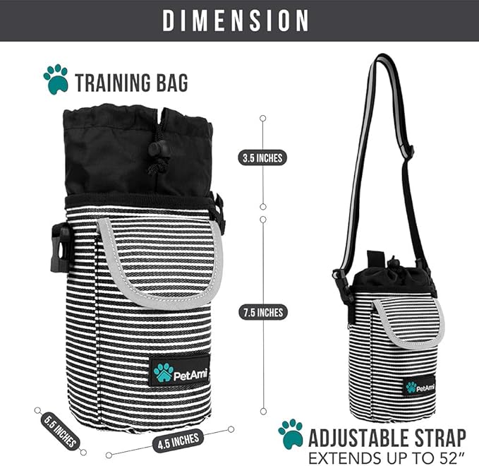 PetAmi Dog Treat Pouch, Large Pet Training Treat Pouch with Pocket, Dog Trainer Essentials Supply Holder with Poop Bag Dispenser, Training Bag for Kibbles Toys, 3 Ways to Wear (Stripe Black)