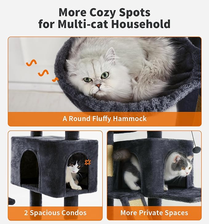 Made4Pets Tall Cat Tree, 80" Cat Tree Tower for Indoor Cats Large Adult, Modern Cat Tower with Scratching Post, Cozy Hammock, 3 Perches and 2 Condos, Sturdy and Fluffy, Dark Gray