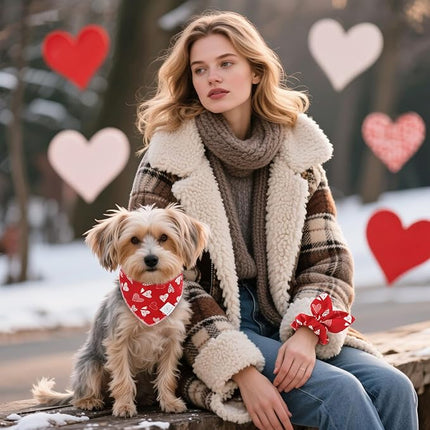 E-Clover Valentines Red Heart Dog Bandanas & Matching Scrunchie Set Cute Girl Dog Scarf Bibs Pet Bandana with Bow Tie for Small Dogs Puppy Owner Mom
