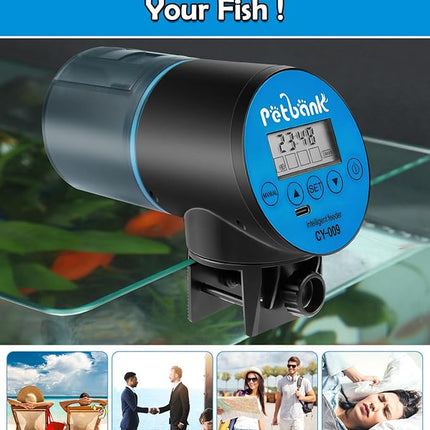 Automatic Fish Feeder for Aquarium - Rechargeable Fish Food Auto Dispenser Vacation Turtle Feeder with USB Charger Cable，LCD Screen, Customized Schedule (Blue)