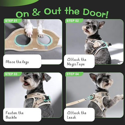 EXPAWLORER Plaid Small Dog Harness and Leash Set with AirTag Holder - Soft Padded Step in Dog Vest Harness Medium Sized Dog, No Pull Reflective Puppy Harness, Collar and Leash for Walking, Khaki XXS