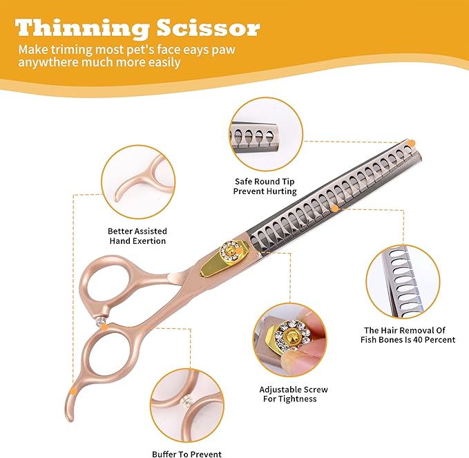 7 Inch Professional Dog Grooming Scissors Kit, 6-in-1 Grooming Scissors for Dogs, Pet Grooming Shears Set, Straight Scissor & Thinning Shear & Curved Scissor & Chunker Shear (Rose Gold)