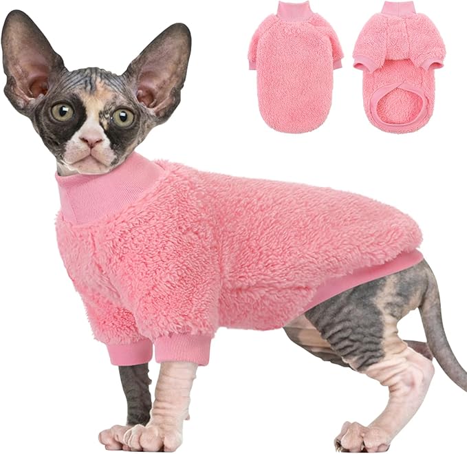 SUNFURA Sphynx Cat Sweater, Hairless Cats Turtleneck Pullover Kitten Sweaters for Cats Only, Warm and Soft Cat Pajamas Shirt with Sleeves Pet Winter Clothes Fleece Jumpsuit for Puppy, Pink L