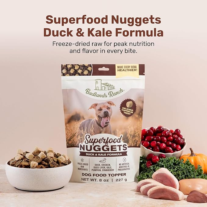 BADLANDS RANCH Superfood Nuggets- Premium, Freeze-Dried raw Dog Food Topper or Treat. Powerful Nutrient-Dense Ingredients. No Artificial additives. Duck and Kale Formula 8oz - 4pk Bundle