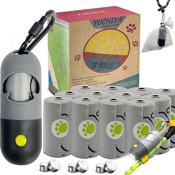 Dog Poop Bags Holder with LED Flashlight|Pet Waste Bags Dispenser for Leash|Doggie Potty Bags Container with Leak-proof Pet Trash Bags and Accessories (1 Holder 195 Bags, Grey and Black)