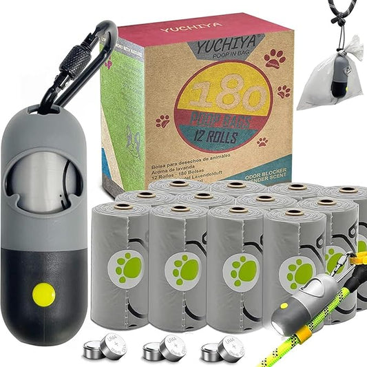 Dog Poop Bags Holder with LED Flashlight|Pet Waste Bags Dispenser for Leash|Doggie Potty Bags Container with Leak-proof Pet Trash Bags and Accessories (1 Holder 195 Bags, Grey and Black)