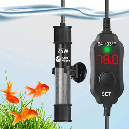 AquaMiracle Adjustable 25W Aquarium Heater Submersible Fish Tank Heater Super Short Aquarium Heater with LED Digital Display Thermostat, for Tanks 3-5 Gallons