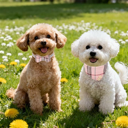 EXPAWLORER Dog Collar Bandana Set - Classic Plaid Dog Bow Tie and Bandana Collar with PU Leather, Adjustable Collars for Small Medium Large Dogs Cats, Holiday Ideal Gift, Pink S