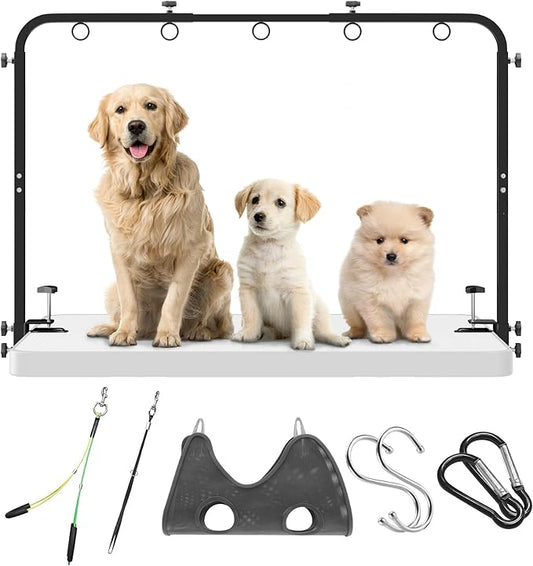 Adjustable Dog Grooming Arm for Table: 42'' Height, 27''–39'' Width, Clamp Fits Up to 2.76'', with Hammock & 2 Nooses – Portable Pet Grooming Station for Nail Trimming, Cats & Dogs at Home