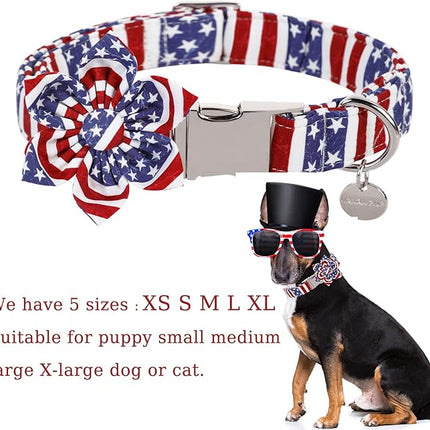 Dog Collar with Flower, 4th of July Comfortable Cotton Dog Collar, American Flag Collar for Large Girl Dog, Patriotic Flower Collar with Metal Buckle, L