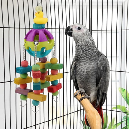 Hypeety Pet Parrot Toy Plastic Colorful Birds Ball with 1 Bell for Budgie African Grey Cockatoo Cockatiel Sun Conures 1 Ball with Wooden Blocks