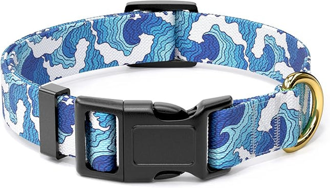 Rnivvi Dog Collar for Medium Dogs, Cute Heavy Duty Adjustable Puppy Collar with Quick Release Buckle for Boy Girl & Female, Pet Accessories for Walking Running, M Length 1" Width, Japanese Style Wave