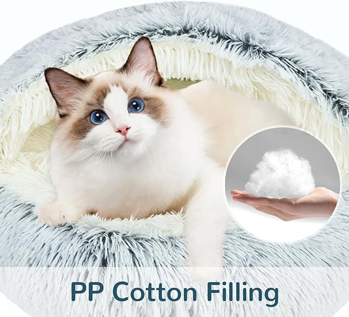 Calming Cat Beds, Fluffy Plush Round Cat Cave Washable, Cozy Warming Anti-Slip Small Dog Bed for Puppy and Kitten, Soft Anti Anxiety Pet Nest (24×24 inch, Grey)