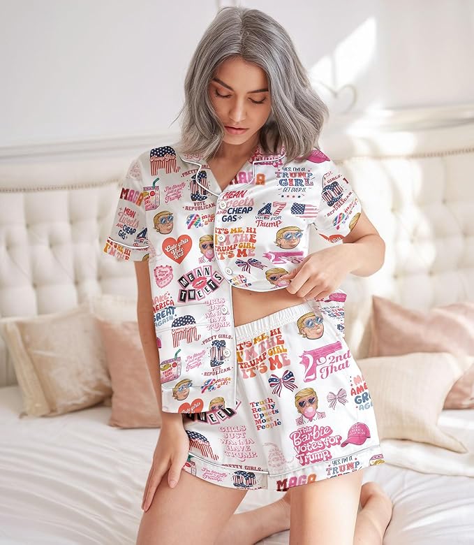 Women’s Silk Satin Pajama Set, Short Sleeve Button Down 2 Piece PJs with Shorts, Cozy Loungewear & Matching Holiday Pajamas